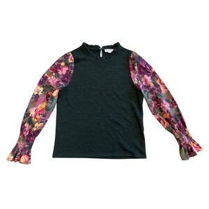 THML Floral Sleeve Ribbed Mock Neck Long Sleeve Top‎ Womens Size L Green Garden